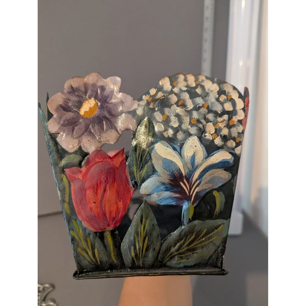VTG Hand Painted Metal Floral Basket Planter Toleware Signed Beautiful India